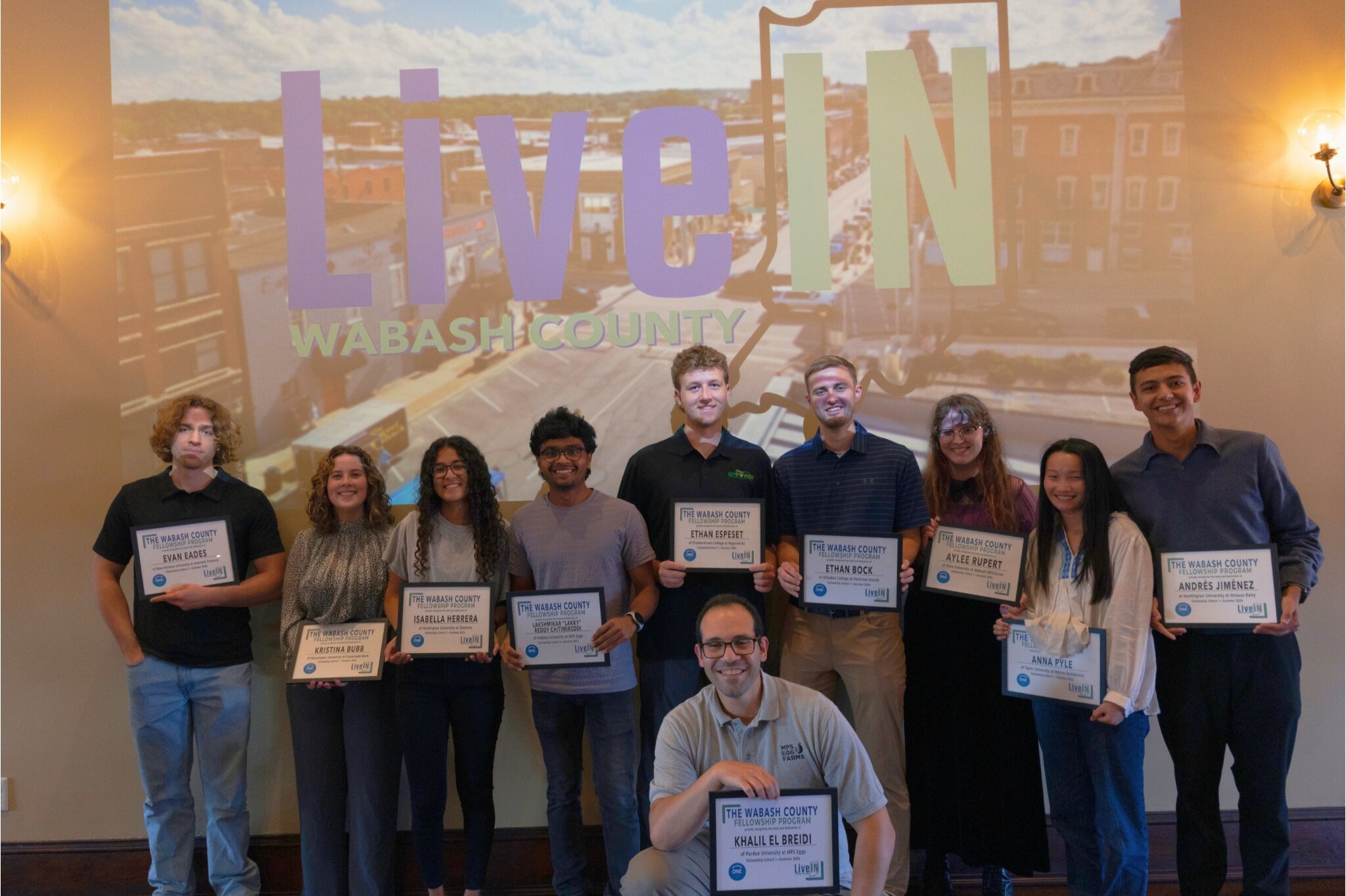 Wabash County Fellowship Program Graduation. Left to right: Evan Eads, Kristina Bubb, Isabella Herrera, Lakshmikar Reddy, Chitimireddi, Ethan Espeset, Khalil El Briedi, Ethan Bock, Aylee Rupert, Anna Pyle, and Andres Jimenez.