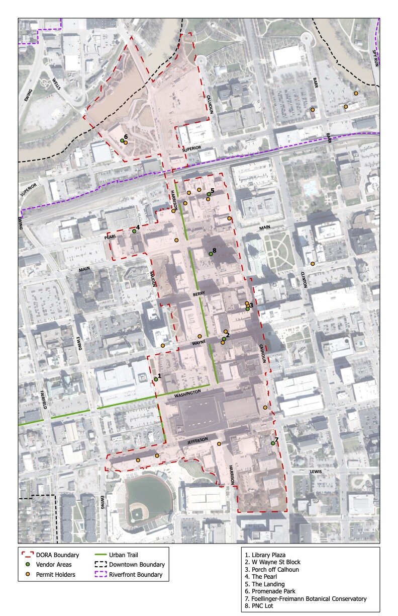 A map outline the Downtown DORA boundaries. 