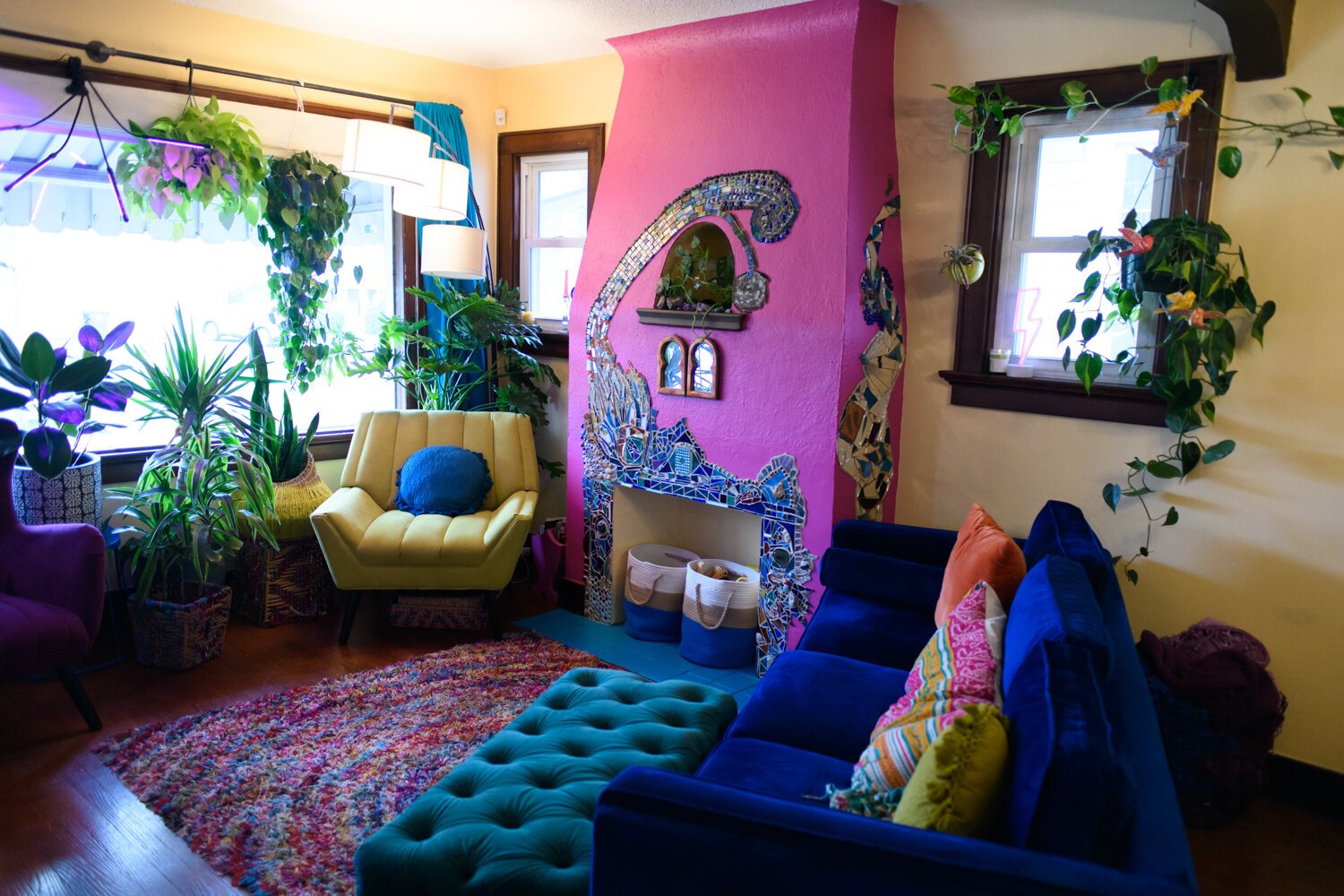 The living room features a lot of color and plants.