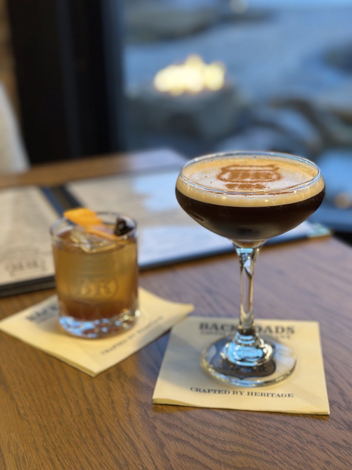 Backroads Old Fashioned (left) and Cask & Coffee Martini (right)