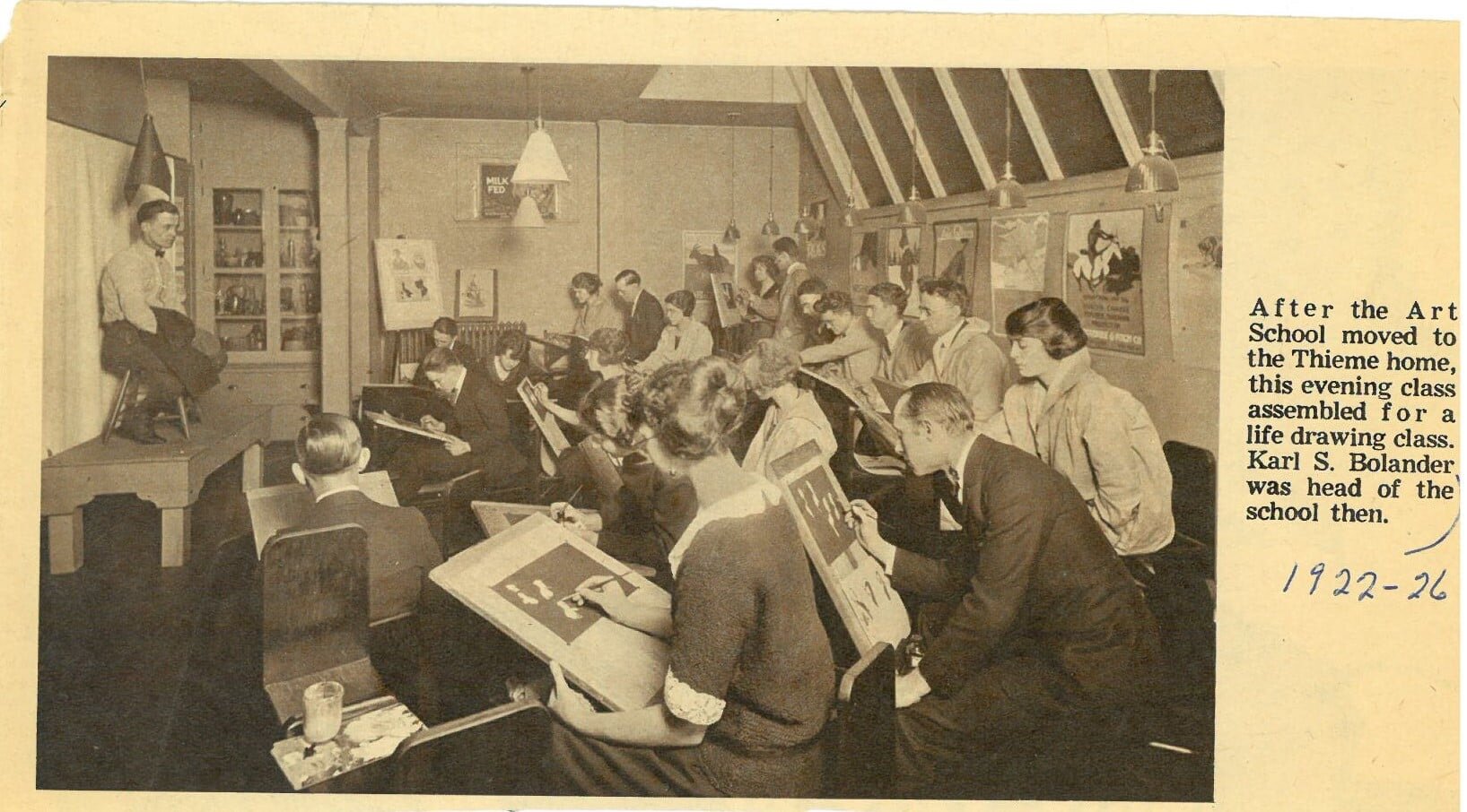 A news clipping showing an evening drawing class at the Fort Wayne Art School.