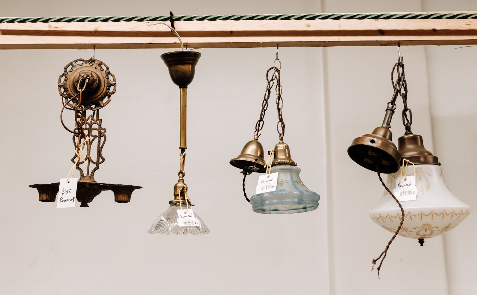 Rewired pendant lights at Reclaimed Fort Wayne.