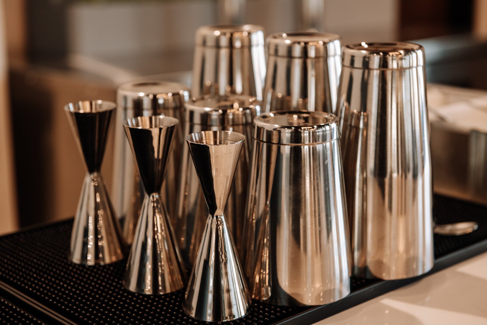 Mixing equipment is lined up on the bar at The Fairfield Wedding and Events on the 3rd floor at The Fairfield.