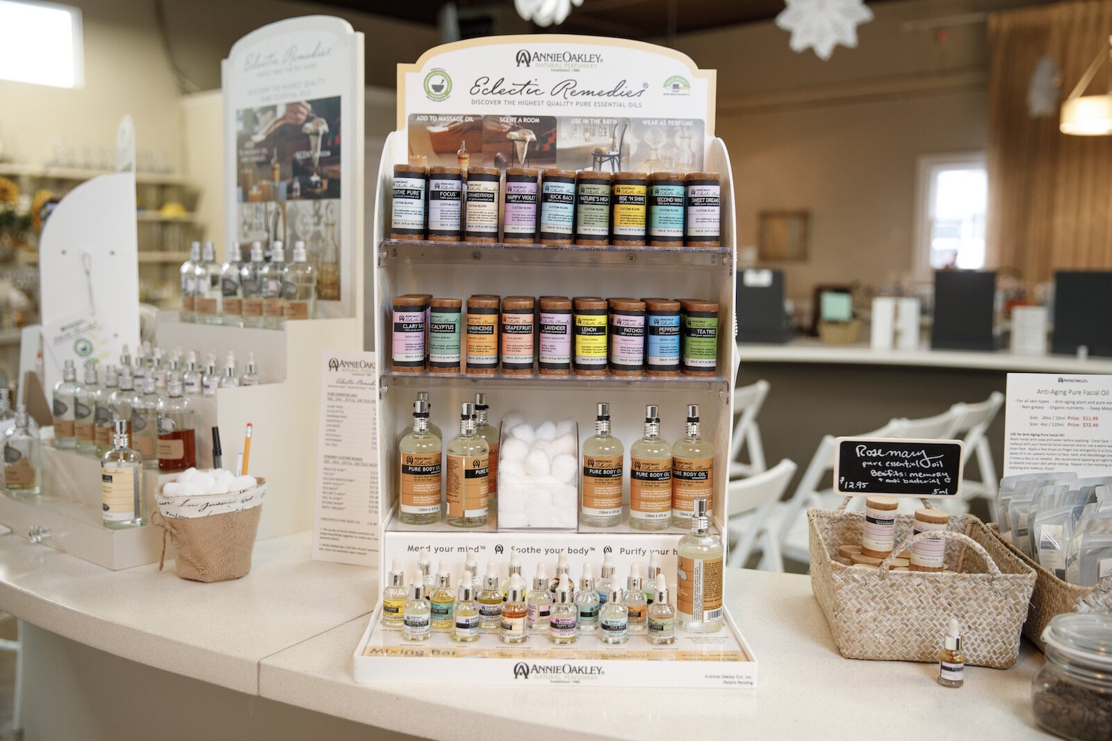 Body oils and other scented products at A studio tour at Annie Oakley Natural Perfumery.