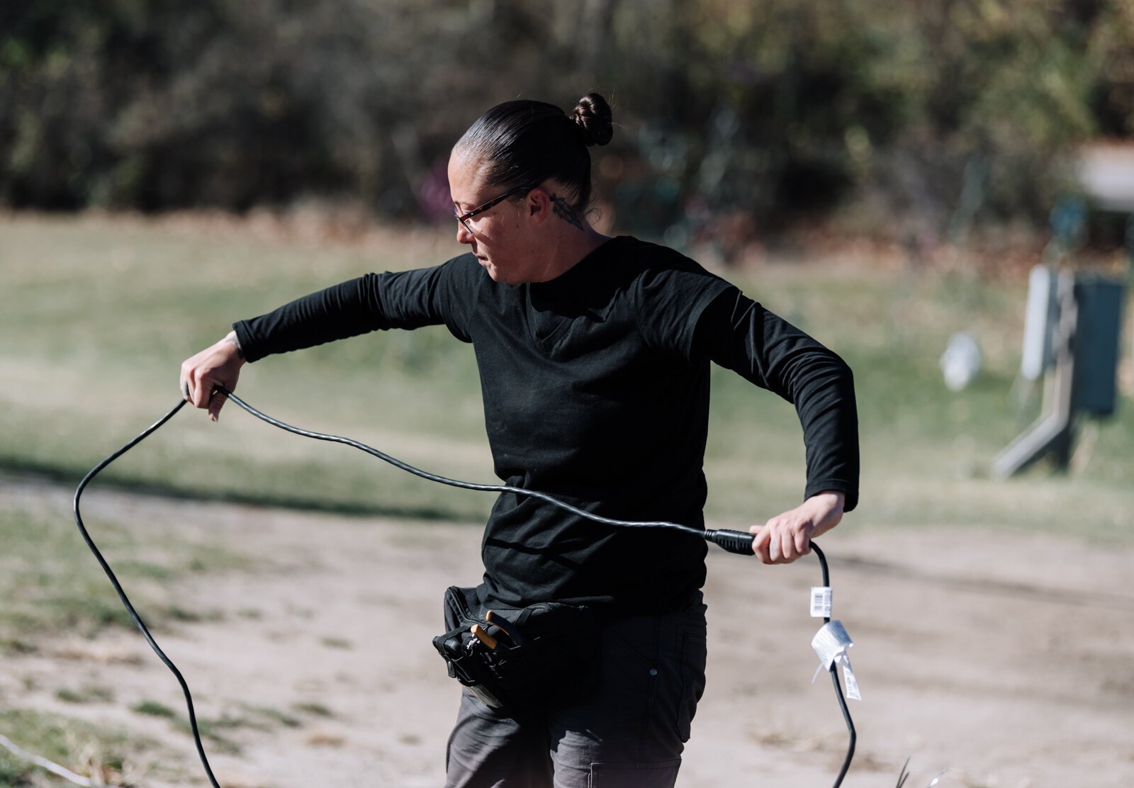 Amanda Lapham works on setting up lights during her shift at Blue Jacket's Fantasy of Lights at Franke Park.