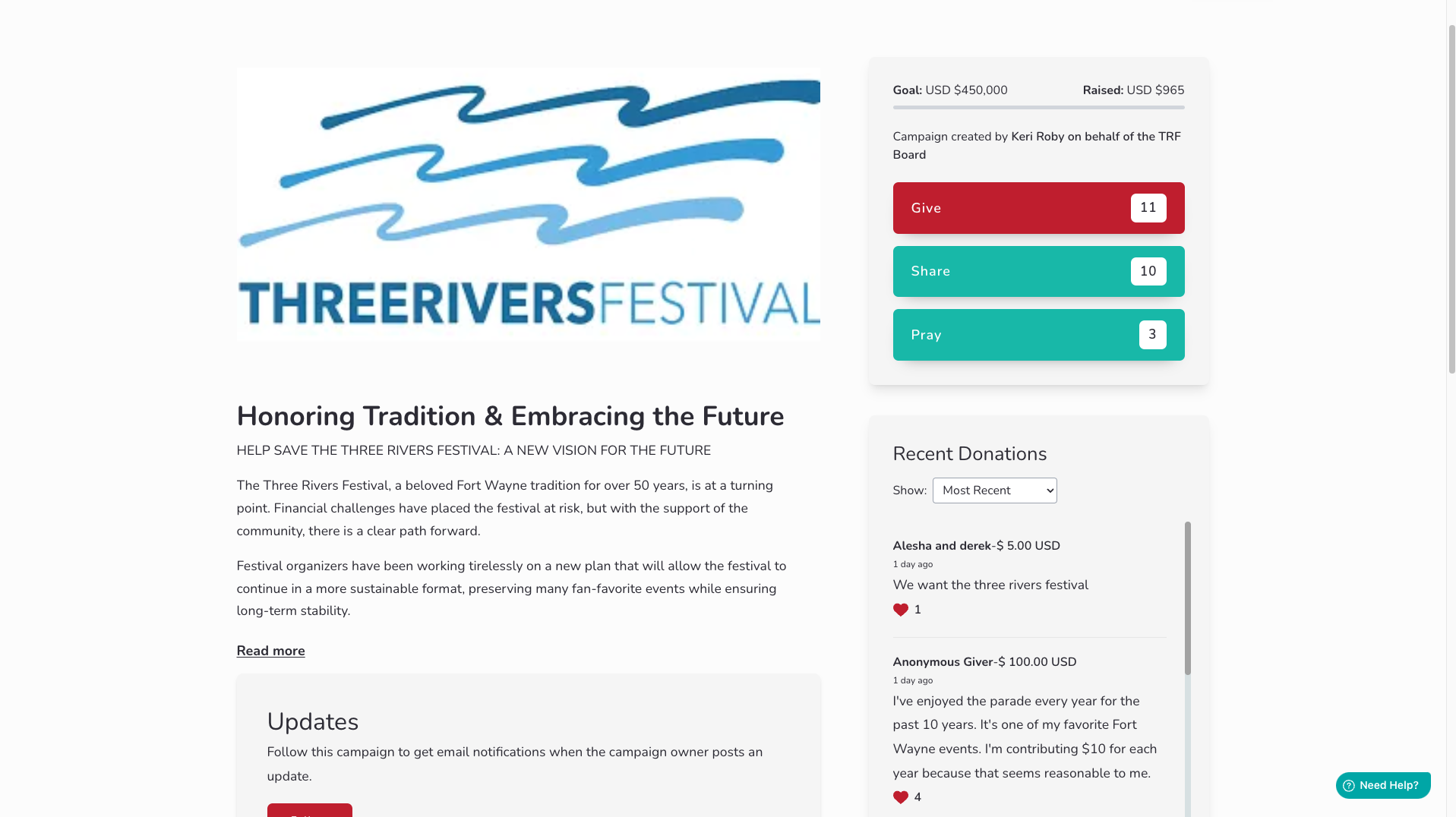 The main page of Three Rivers Festival's crowdfunding campaign