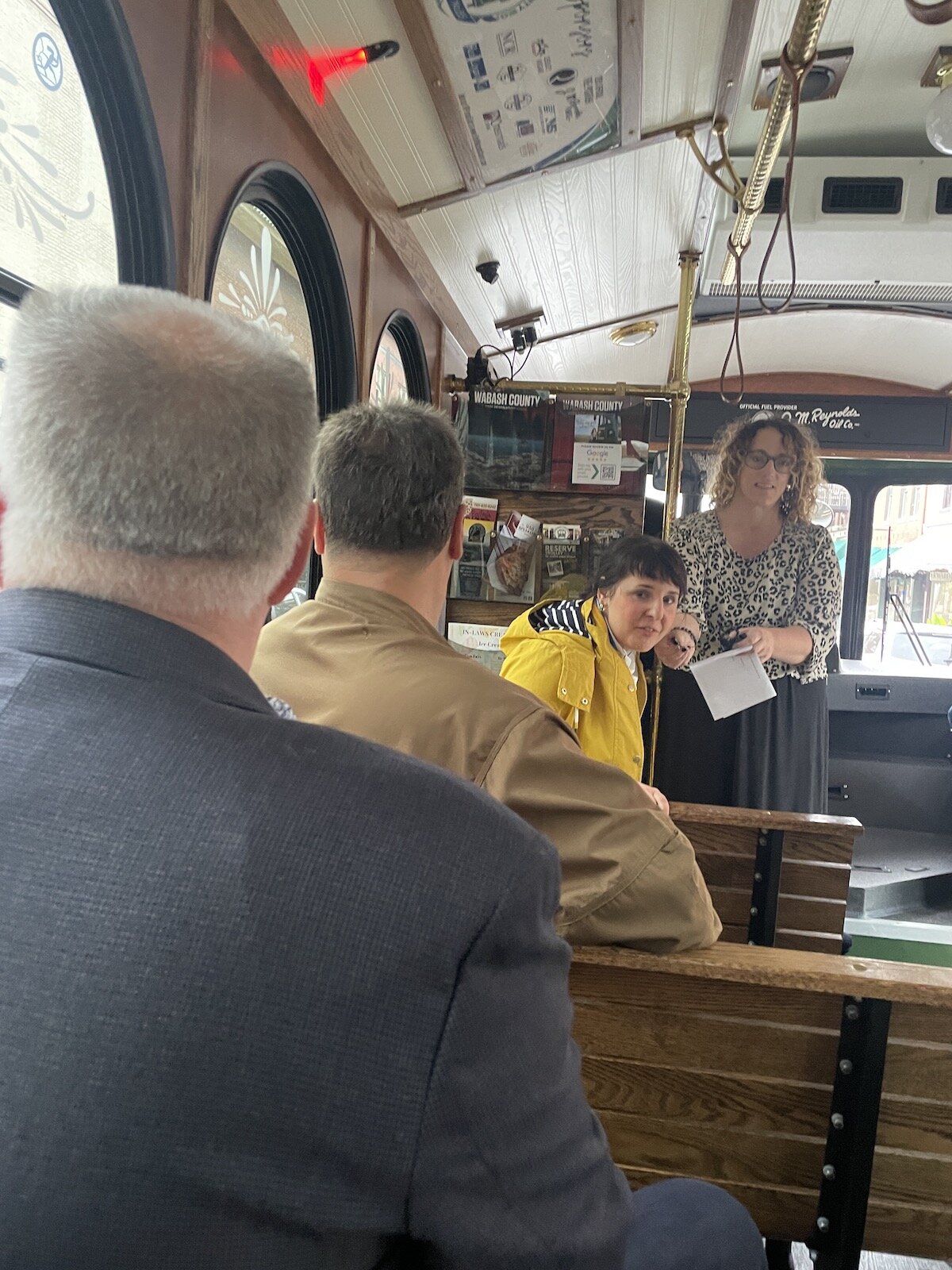 Visit Wabash County's Stephanie Rogers leads a tour on board Trolley No.85 for a delegation from the Ukraine.