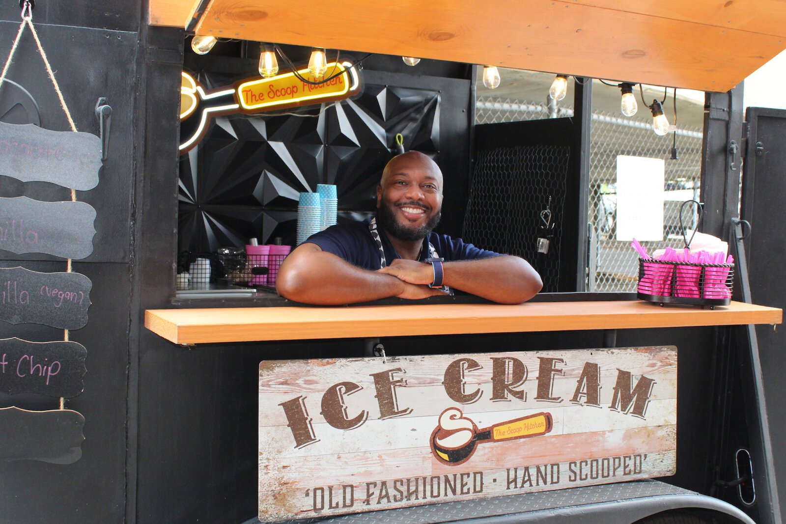 Tony Belton inside The Scoop Hitchen, a trailer that he converted to serve ice cream out of.